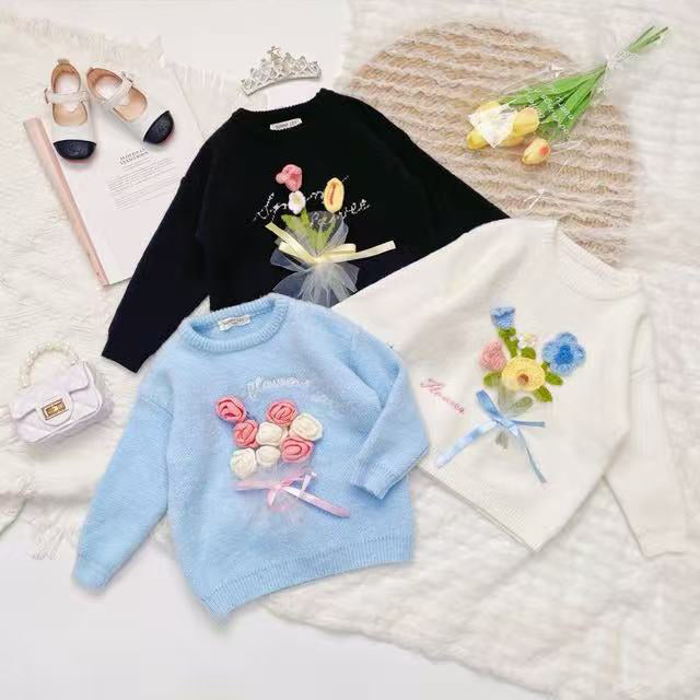 Girls Knitted Sweater with Hand-Crochet 3D Floral Embroidery - Princess Crewneck Pullover (White/Black/Blue) - Premium Wool Blend Winter Warm Tops for Christmas, Birthday Gift, Photoshoot, Party Dress