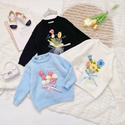Girls Knitted Sweater with Hand-Crochet 3D Floral Embroidery - Princess Crewneck Pullover (White/Black/Blue) - Premium Wool Blend Winter Warm Tops for Christmas, Birthday Gift, Photoshoot, Party Dress