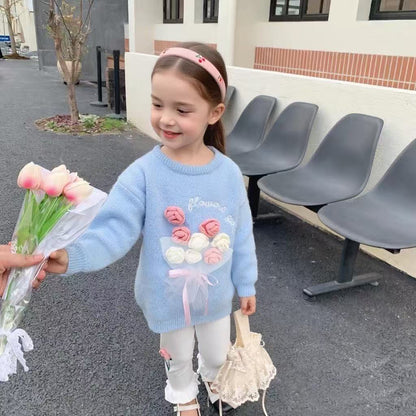 Girls Knitted Sweater with Hand-Crochet 3D Floral Embroidery - Princess Crewneck Pullover (White/Black/Blue) - Premium Wool Blend Winter Warm Tops for Christmas, Birthday Gift, Photoshoot, Party Dress