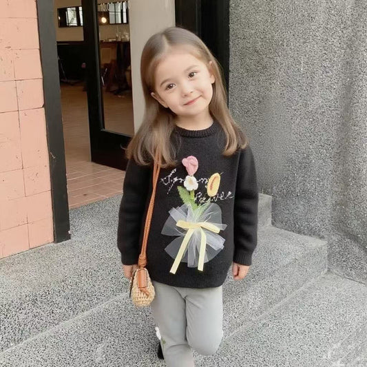 Girls Knitted Sweater with Hand-Crochet 3D Floral Embroidery - Princess Crewneck Pullover (White/Black/Blue) - Premium Wool Blend Winter Warm Tops for Christmas, Birthday Gift, Photoshoot, Party Dress