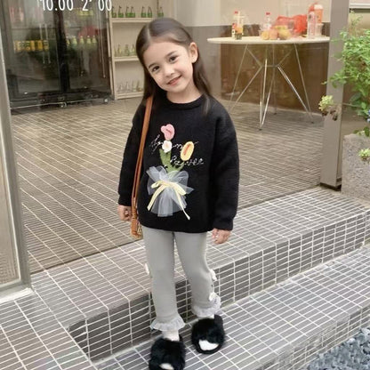 Girls Knitted Sweater with Hand-Crochet 3D Floral Embroidery - Princess Crewneck Pullover (White/Black/Blue) - Premium Wool Blend Winter Warm Tops for Christmas, Birthday Gift, Photoshoot, Party Dress