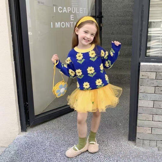 Girl's Floral 3D Embroidery Sweater - Klein Blue & White Modal Core-Spun Yarn - Machine Towel Embroidery Textured Pattern - Wrinkle Resistant, No Pilling, Colorfast - Christmas Birthday Gift for Toddler Kids 2-8 Years