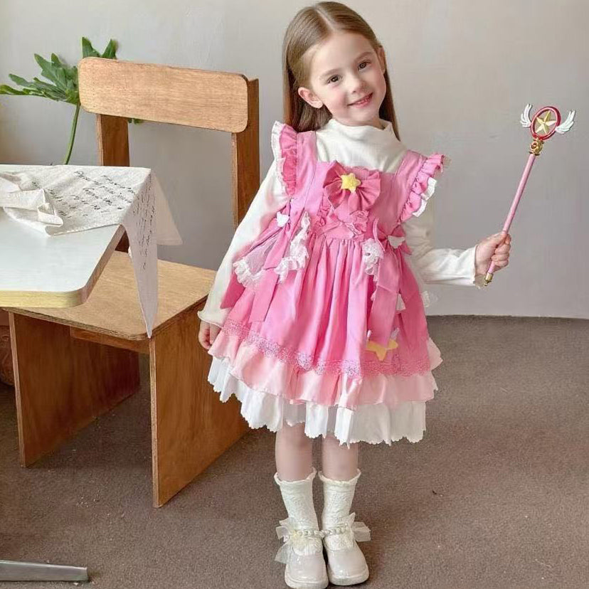 Girl's Star Lolita Princess Party Dress - Handmade Detachable Wings & Bows, Custom Dyed Magenta, Built-in Petticoat, 100% Cotton Lining - Perfect for Birthday, Christmas, Pageant, Photo Shoots (3-12 Years)