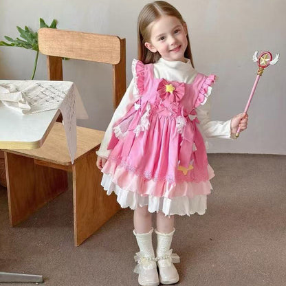 Girl's Star Lolita Princess Party Dress - Handmade Detachable Wings & Bows, Custom Dyed Magenta, Built-in Petticoat, 100% Cotton Lining - Perfect for Birthday, Christmas, Pageant, Photo Shoots (3-12 Years)