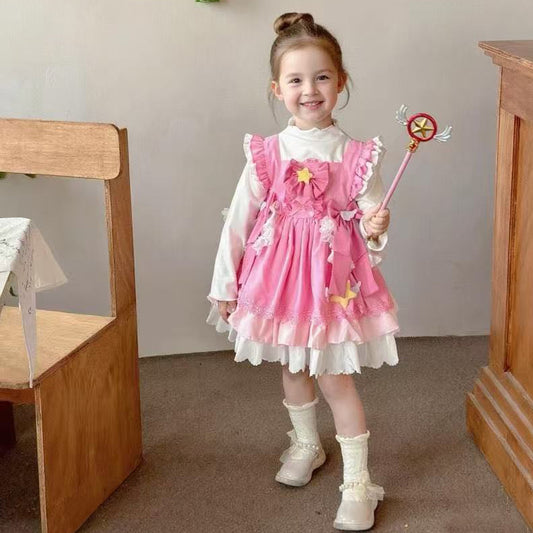 Girl's Star Lolita Princess Party Dress - Handmade Detachable Wings & Bows, Custom Dyed Magenta, Built-in Petticoat, 100% Cotton Lining - Perfect for Birthday, Christmas, Pageant, Photo Shoots (3-12 Years)