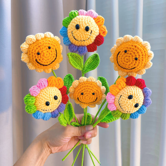 Hand Crochet Smiley Sunflower Stake - Hypoallergenic Artificial Flower Gift for Birthday, Wedding, Home Decor | DIY Handmade Yarn Flower | Allergy-Free Sustainable Home Joy
