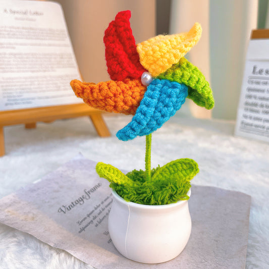 Hand Crochet Spinning Windmill Plant - Hypoallergenic White Pot with Colorful Moving Blades, Interactive Desk Decor for Kids, Office, Allergy-Free Gift for Birthday, Easter, Spring Decoration