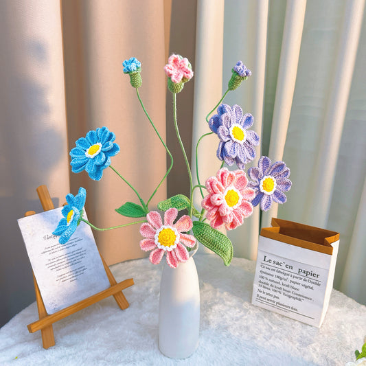 Hand Crochet Zinnia Flower Stems - Realistic Pink Purple Light Blue Artificial Flowers with Bud & Leaf, Hypoallergenic Floral Stems for Bouquets, Wedding Decor, Birthday Gift, DIY Arrangements