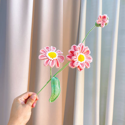 Hand Crochet Zinnia Flower Stems - Realistic Pink Purple Light Blue Artificial Flowers with Bud & Leaf, Hypoallergenic Floral Stems for Bouquets, Wedding Decor, Birthday Gift, DIY Arrangements