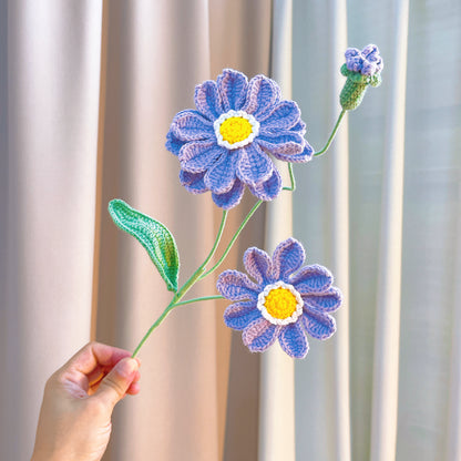 Hand Crochet Zinnia Flower Stems - Realistic Pink Purple Light Blue Artificial Flowers with Bud & Leaf, Hypoallergenic Floral Stems for Bouquets, Wedding Decor, Birthday Gift, DIY Arrangements