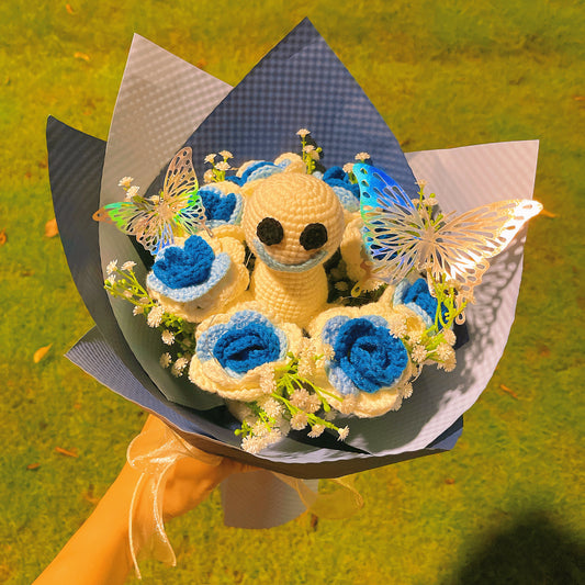Frozen White-to-Blue Gradient Roses Bouquet with White Baby's Breath and Vibrant Colorful Butterfly Accents, Beautifully Wrapped in Light and Dark Blue Papers, Ideal for Princess-like Celebrations