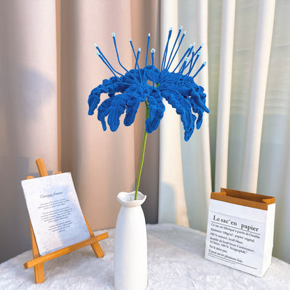 Handmade Crochet Red/Blue Spider Lily (Lycoris Radiata) - Ultra-Realistic Single Stem with 16 Petals & 16 Stamens - Hypoallergenic Artificial Flower for Home Decor, Halloween, Asian-Themed Events, Memorial Gifts, Unique Floral Arrangement