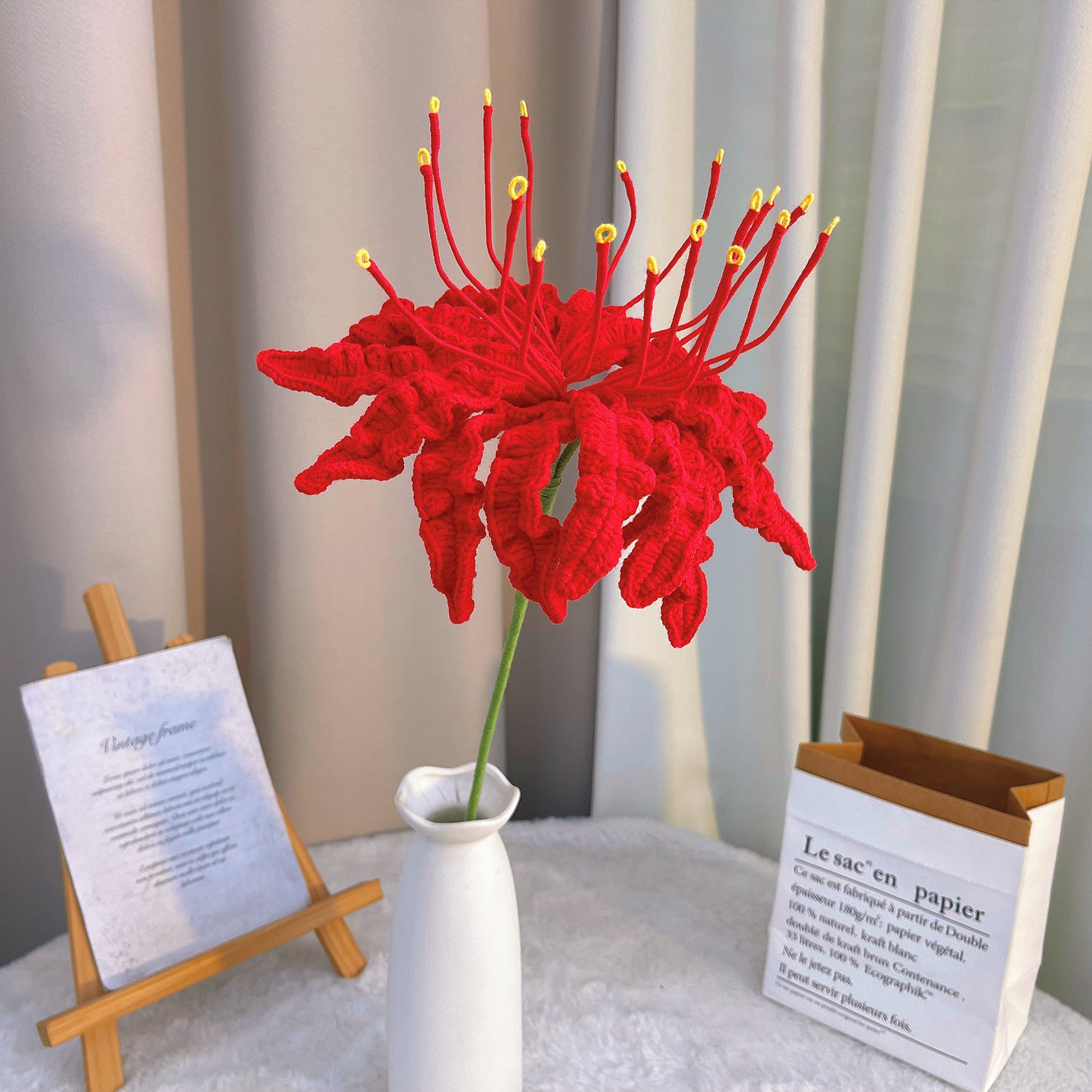 Handmade Crochet Red/Blue Spider Lily (Lycoris Radiata) - Ultra-Realistic Single Stem with 16 Petals & 16 Stamens - Hypoallergenic Artificial Flower for Home Decor, Halloween, Asian-Themed Events, Memorial Gifts, Unique Floral Arrangement