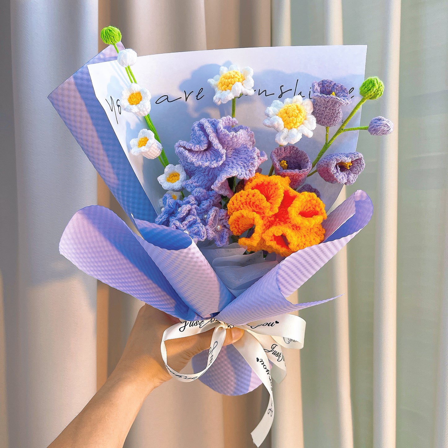Handmade Crocheted Whimsical Meadows Bouquet - Lily of the valley, carnations, daisies, forget-me-not