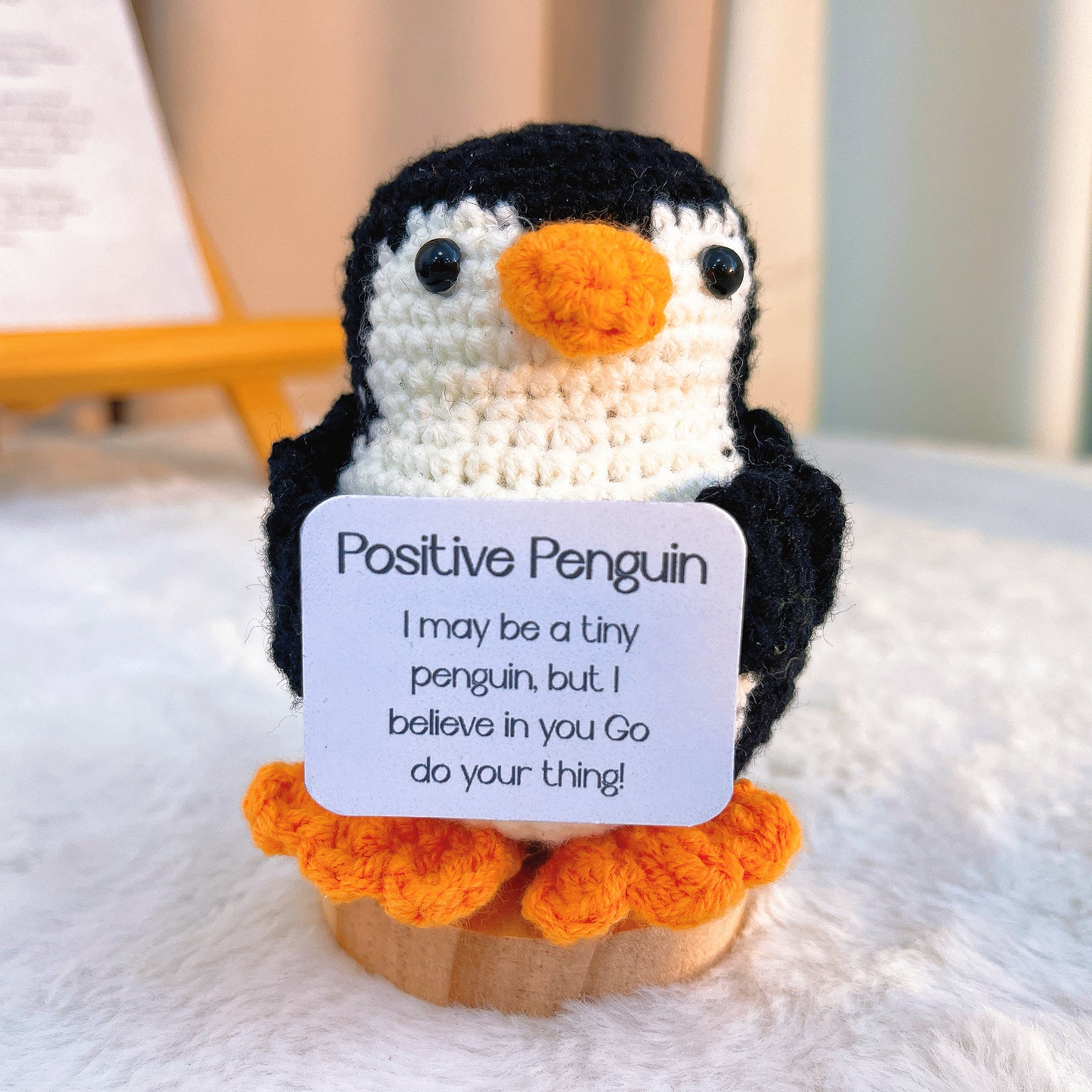 Customizable Positive Penguin Crochet Plushie with Wooden Base, Handmade Penguin Figure with Inspirational Message Card, Cute Desk Decor for Office, Encouragement Gift for Friends, Christmas, Birthday