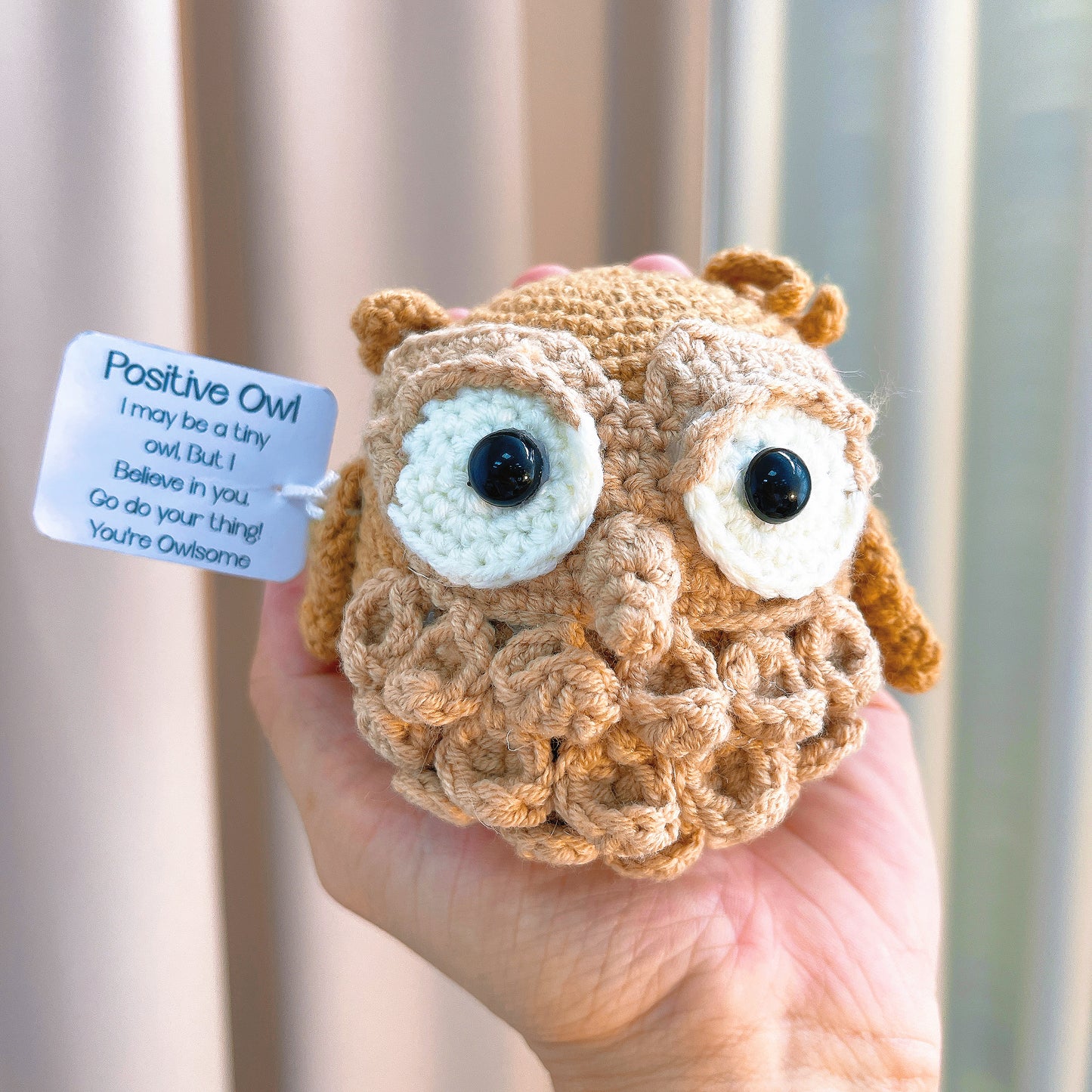 Hand Crochet Owl Ornament, Positive Message Owl with Custom Card, Encouragement Gift for Desk, Home, Valentine's, Christmas, Birthday