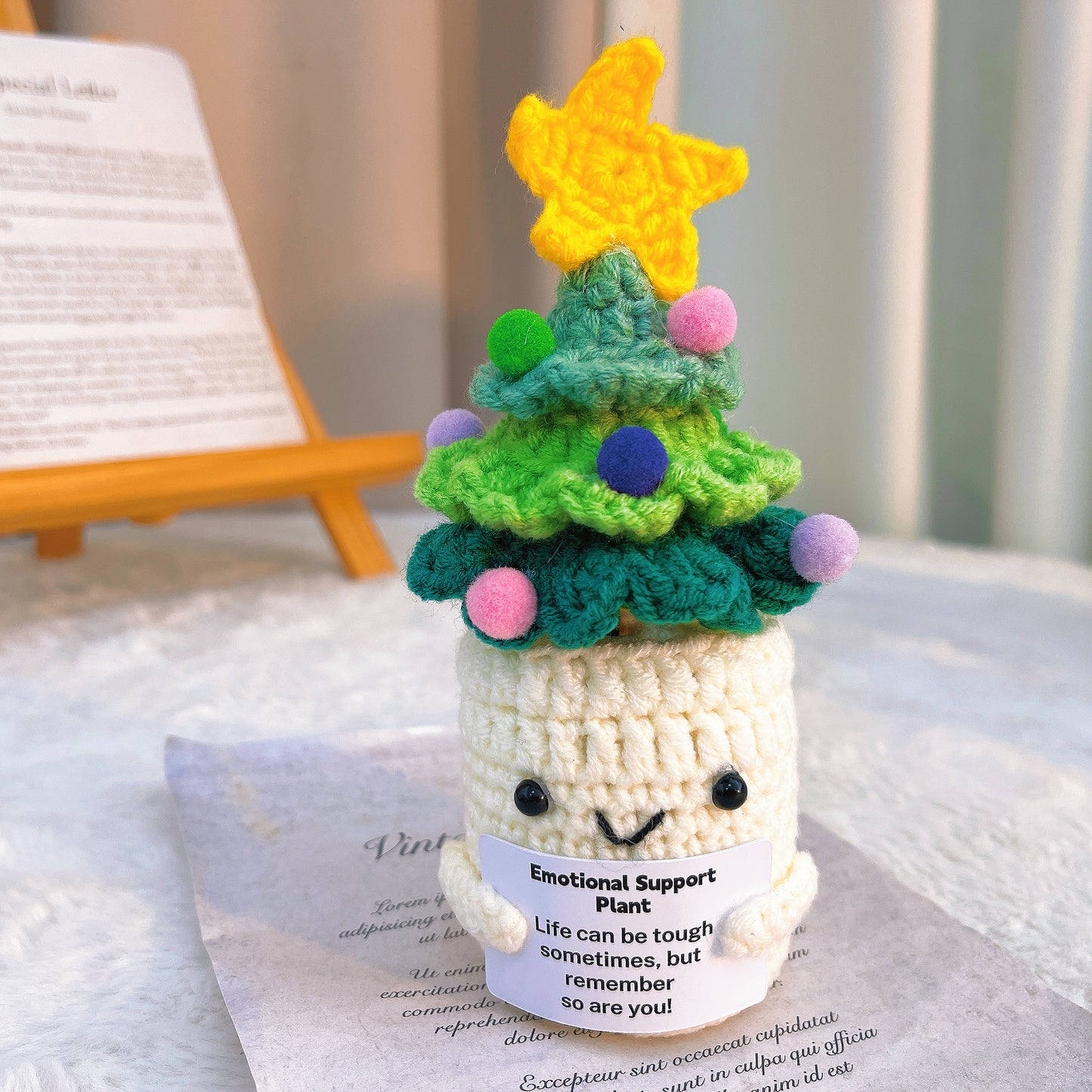 Emotional Support Crochet Christmas Tree, Handmade Xmas Holiday Festive Decor, Tabletop Ornament with Customizable Encouragement Card, Gift for Friends