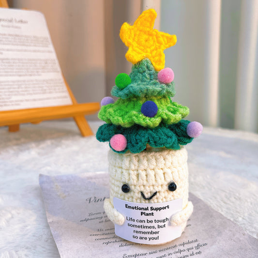 Emotional Support Crochet Christmas Tree, Handmade Xmas Holiday Festive Decor, Tabletop Ornament with Customizable Encouragement Card, Gift for Friends