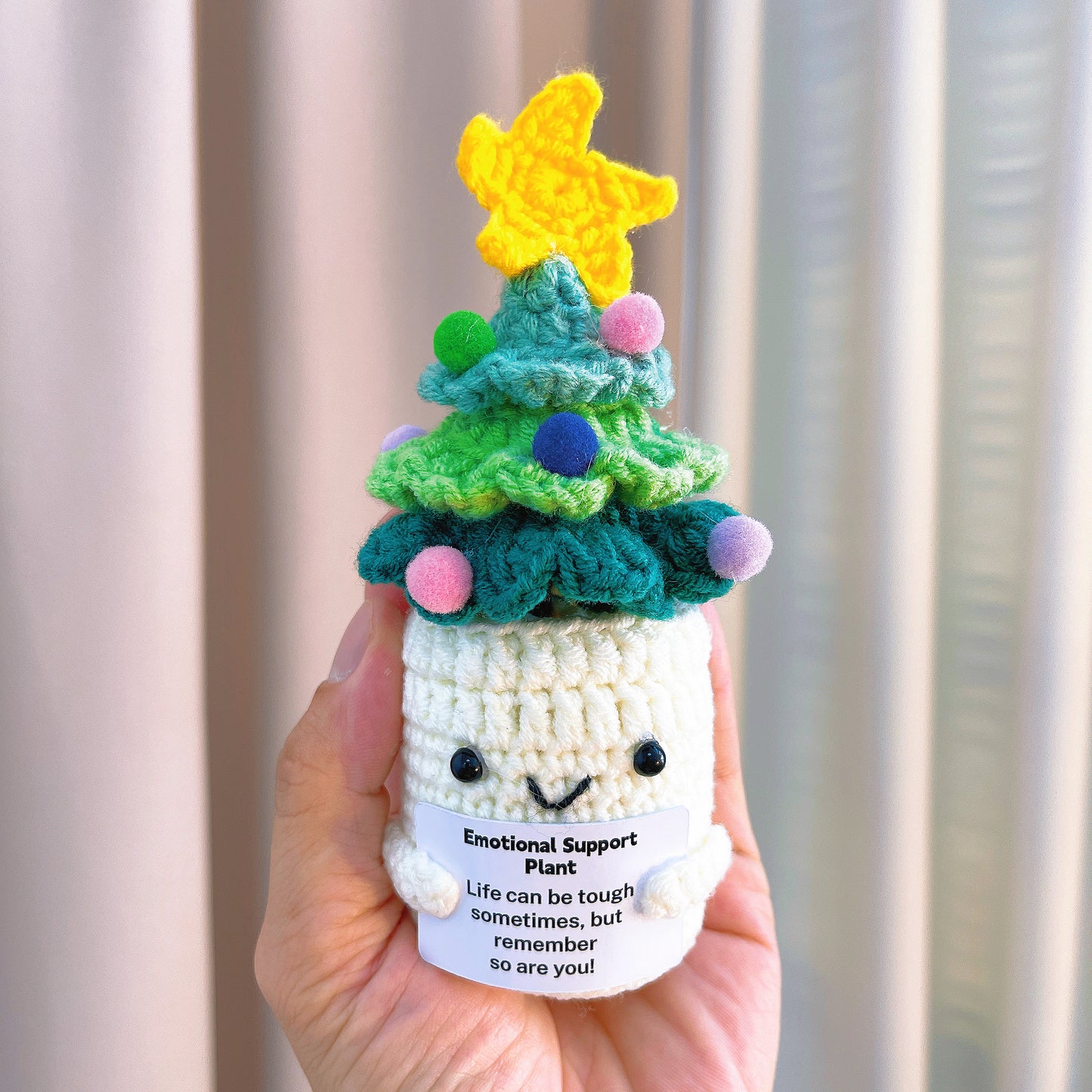 Emotional Support Crochet Christmas Tree, Handmade Xmas Holiday Festive Decor, Tabletop Ornament with Customizable Encouragement Card, Gift for Friends
