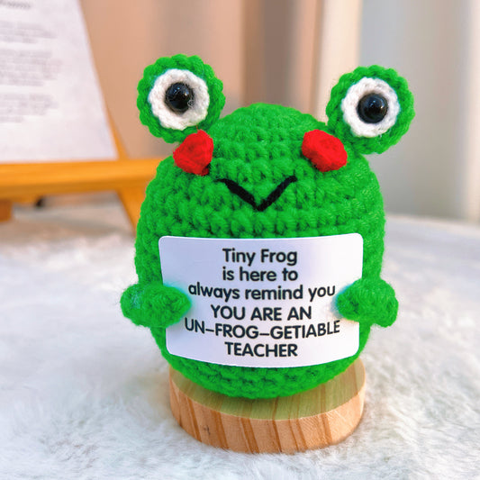 "Un-Frog-gettable Teacher" Handmade Crochet Frog with Wooden Base &amp; Customizable Card, Thank You Teacher Gift, Retirement, End of Year, Classroom Desk Decor