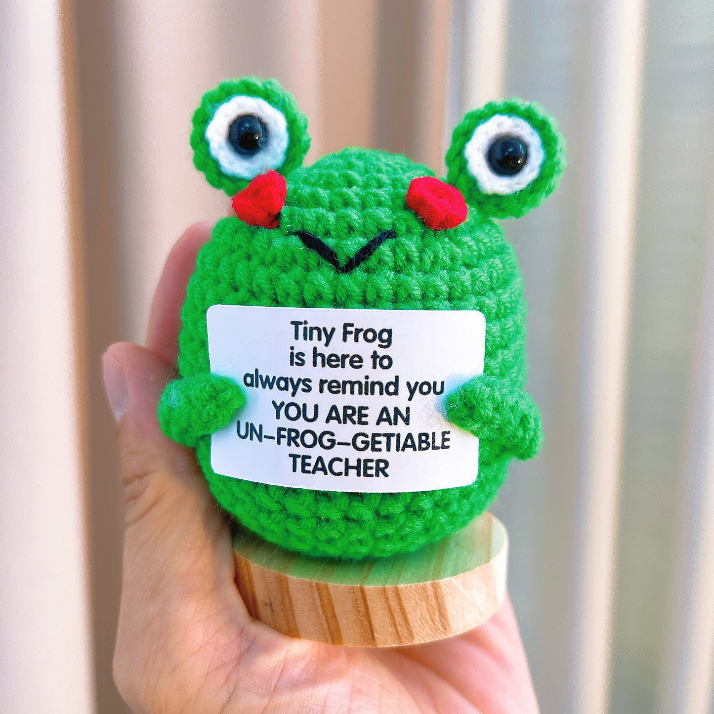 "Un-Frog-gettable Teacher" Handmade Crochet Frog with Wooden Base &amp; Customizable Card, Thank You Teacher Gift, Retirement, End of Year, Classroom Desk Decor