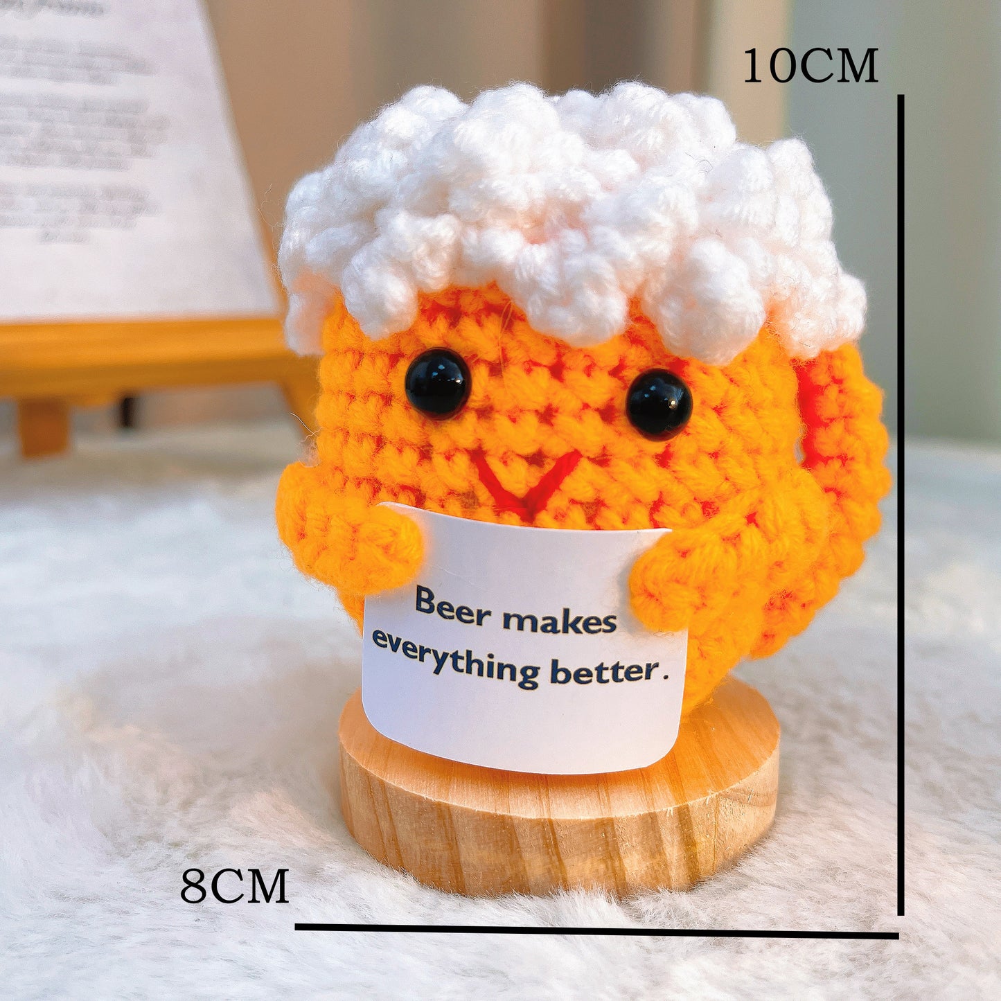 Handmade Crochet Beer in Mug with Wooden Base, Customizable Card Unique Gift for Men, Dad, Husband, Boyfriend, Office, Birthday, Father's Day