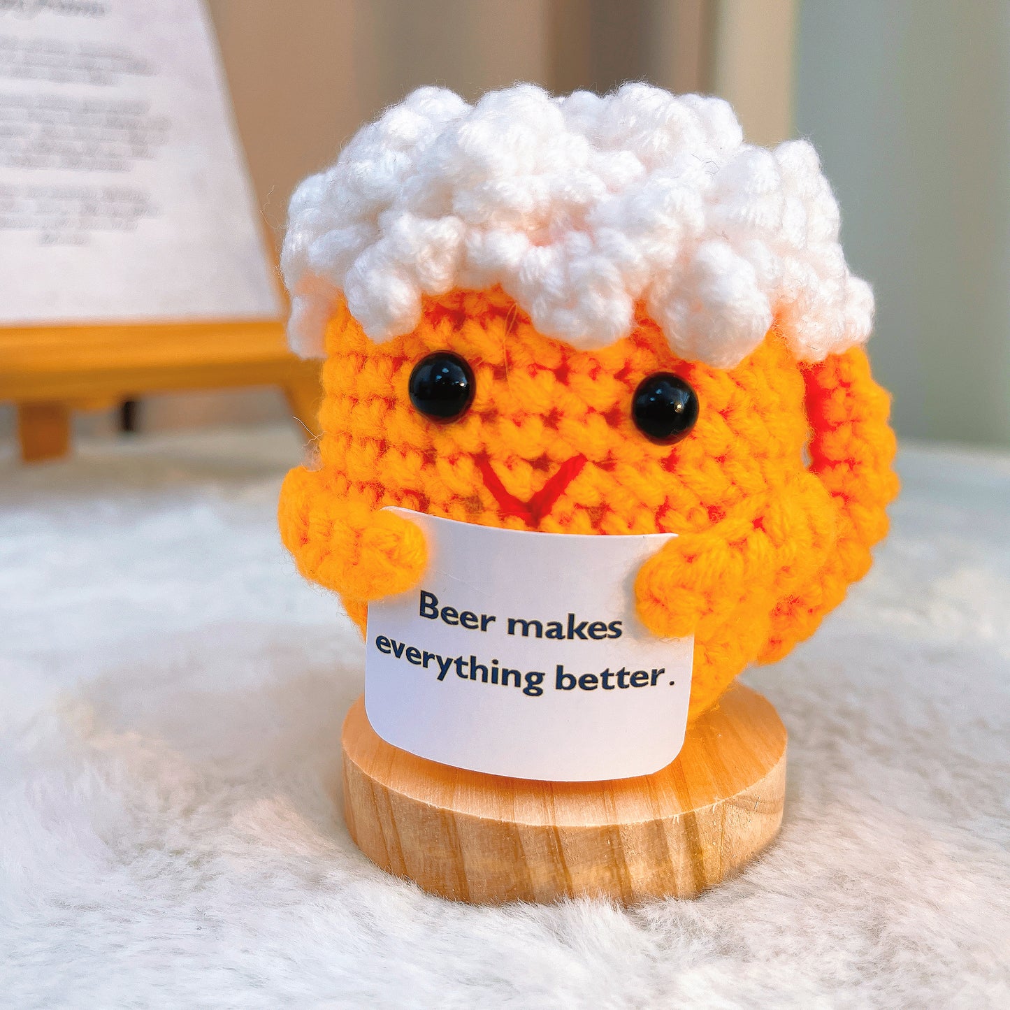 Handmade Crochet Beer in Mug with Wooden Base, Customizable Card Unique Gift for Men, Dad, Husband, Boyfriend, Office, Birthday, Father's Day