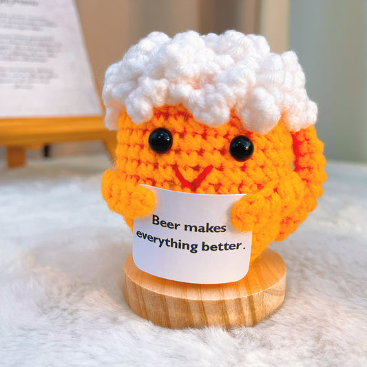Handmade Crochet Beer in Mug with Wooden Base, Customizable Card Unique Gift for Men, Dad, Husband, Boyfriend, Office, Birthday, Father's Day