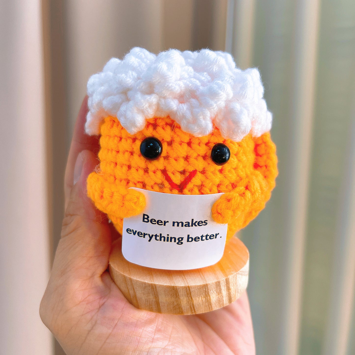 Handmade Crochet Beer in Mug with Wooden Base, Customizable Card Unique Gift for Men, Dad, Husband, Boyfriend, Office, Birthday, Father's Day