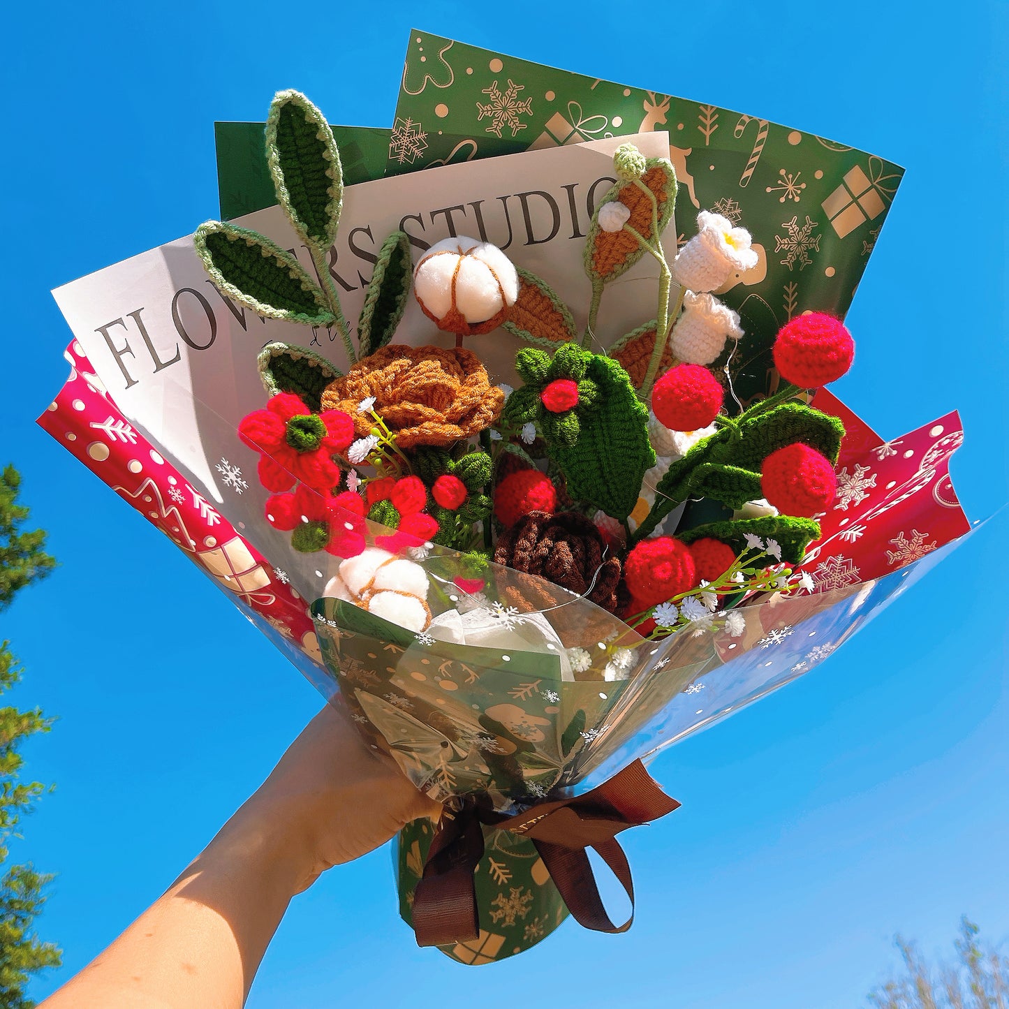 Christmas Crochet Flower Bouquet with LED Lights - Handmade Amigurumi Holiday Arrangement Featuring Poinsettia, Roses, Eucalyptus, Baby's Breath, and Cotton - Allergy-Free Forever Blooms for Christmas Decor, Gift, or Home Decor