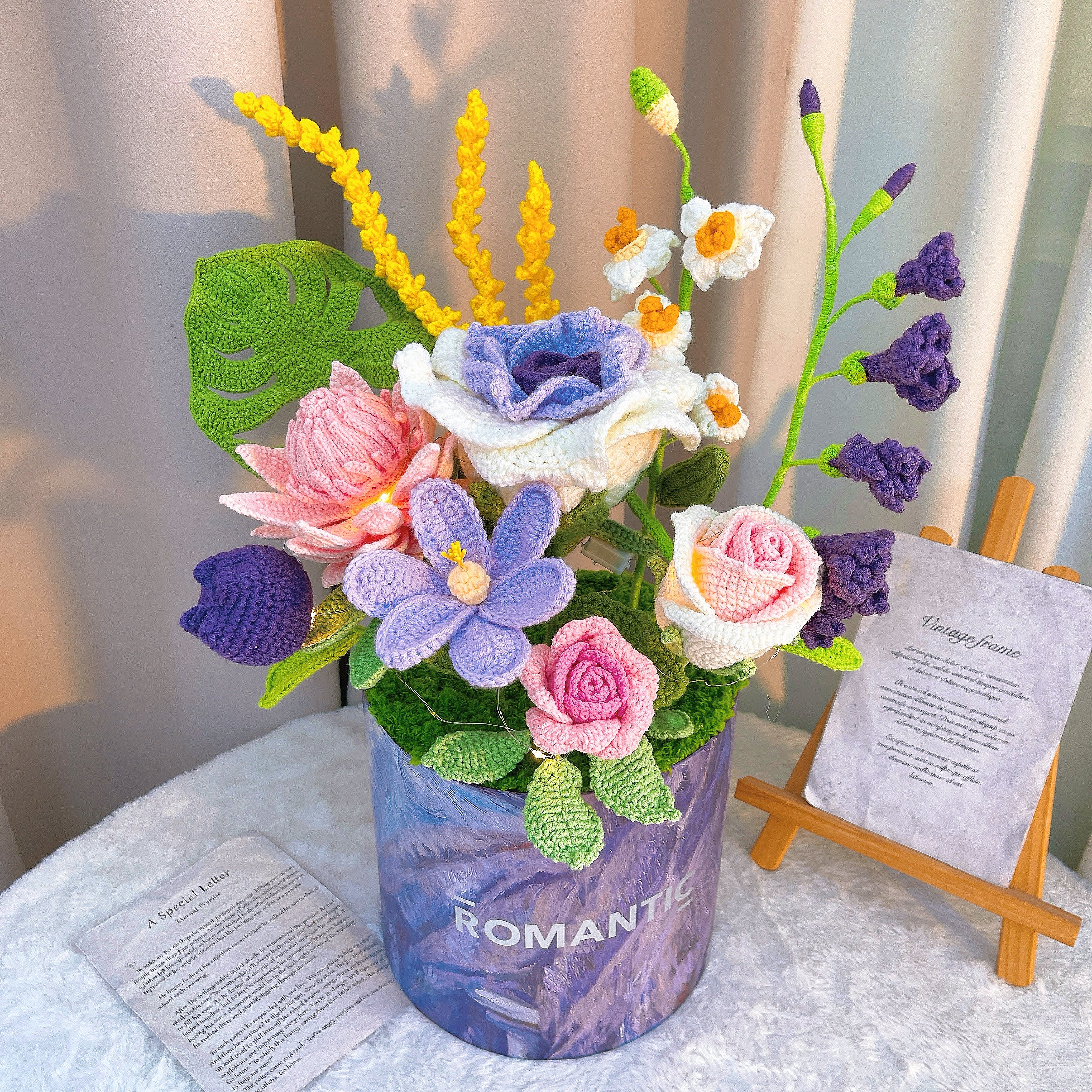 Handmade Crochet Flower Bouquet Bucket with LED Lights, Large Purple R
