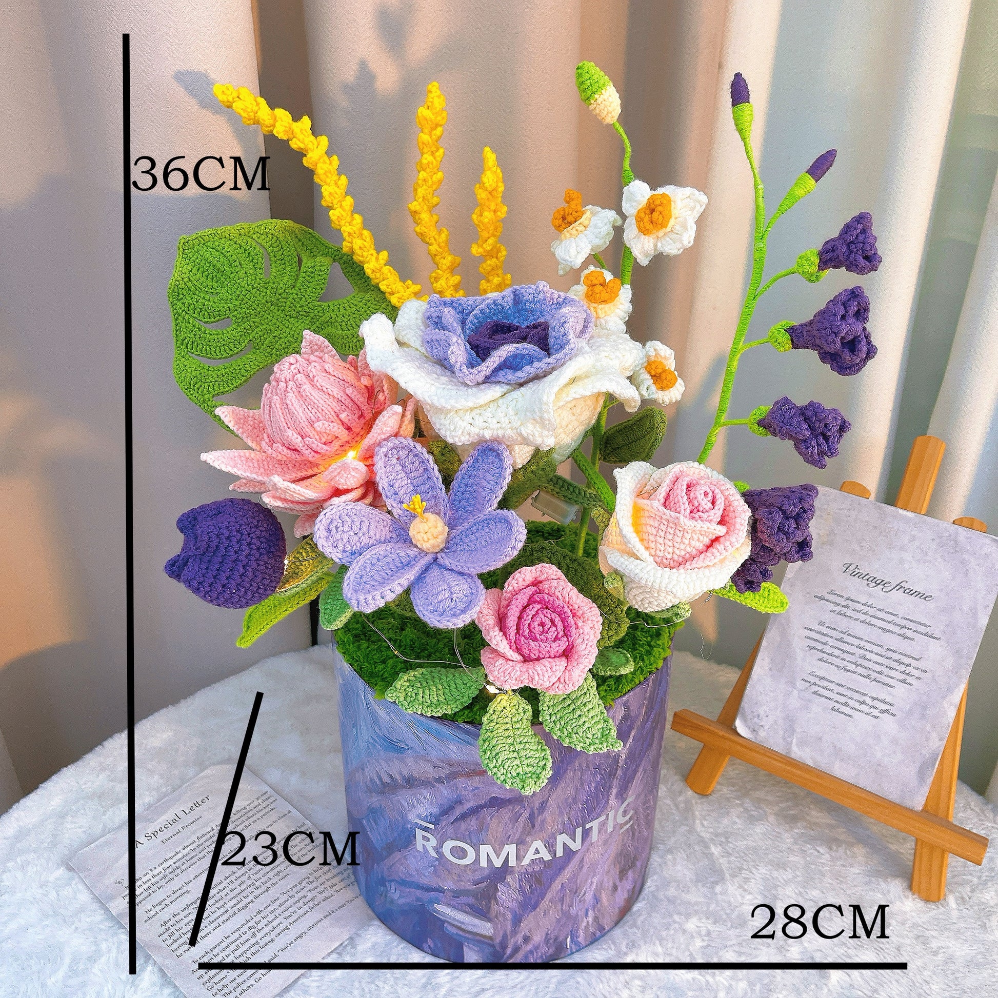 Handmade Crochet Flower Bouquet Bucket with LED Lights, Large Purple Romantic Floral Arrangement in Vase, Artificial Yarn Flowers Home Decor, Realistic Bridal Shower Wedding Centerpiece, Allergy-Free Gift - The Bloom Crafter