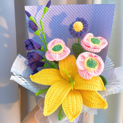 Handmade Crochet Lily Poppy Flower Bouquet - Daisies- Hypoallergenic, Pollen-Free, Artificial Forever Blooming Flowers Gift Birthday, Wedding, Anniversary, Mother's Day, Get Well Soon, Valentine's Day, Housewarming