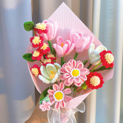 Heartfelt Crochet Flower Bouquet - Blooming Pink & White Tulips, Pink Zinnias, Red Peach Blossoms, Red Daisies, Ice Cream-Style Wrapping -Artificial Flowers for Valentine's Day, Anniversary, Birthday, Mother's Day, Wedding, Home Decor, Gift for Her