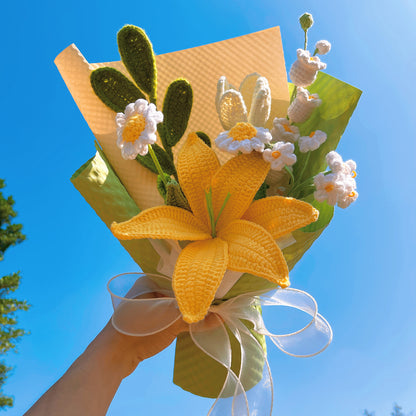 Handmade Crochet Lily and Tulip Flower Bouquet - Lily of the Valley, Forget-Me-Nots & White Daisies，Artificial Forever Flowers for Wedding, Bridal Bouquet, Anniversary, Mother's Day, Sympathy