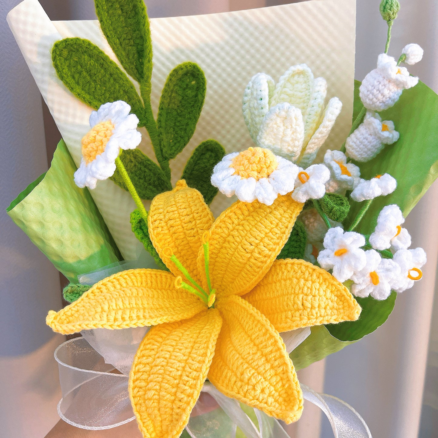 Handmade Crochet Lily and Tulip Flower Bouquet - Lily of the Valley, Forget-Me-Nots & White Daisies，Artificial Forever Flowers for Wedding, Bridal Bouquet, Anniversary, Mother's Day, Sympathy