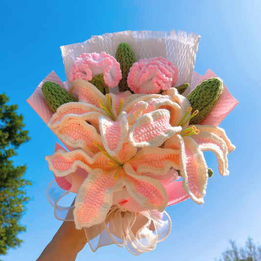 Hand Crochet Lily & Carnation Bouquet - 3 Pink White Stems with Buds, Hypoallergenic Floral Gift for Mother's Day, Anniversary, Wedding, Home Decor (Pink Gingham & White Honeycomb Wrap) - Real Touch Artificial Flowers