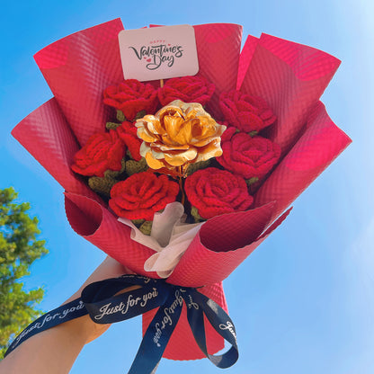 Valentine's Day Special Rose Bouquet with Plastic Gold-Plated Rose - 9 Scarlet Red Roses, "Happy Valentine's Day" Card (Customizable) - Hypoallergenic Anniversary, Proposal Gift for Her, Girlfriend, Wife