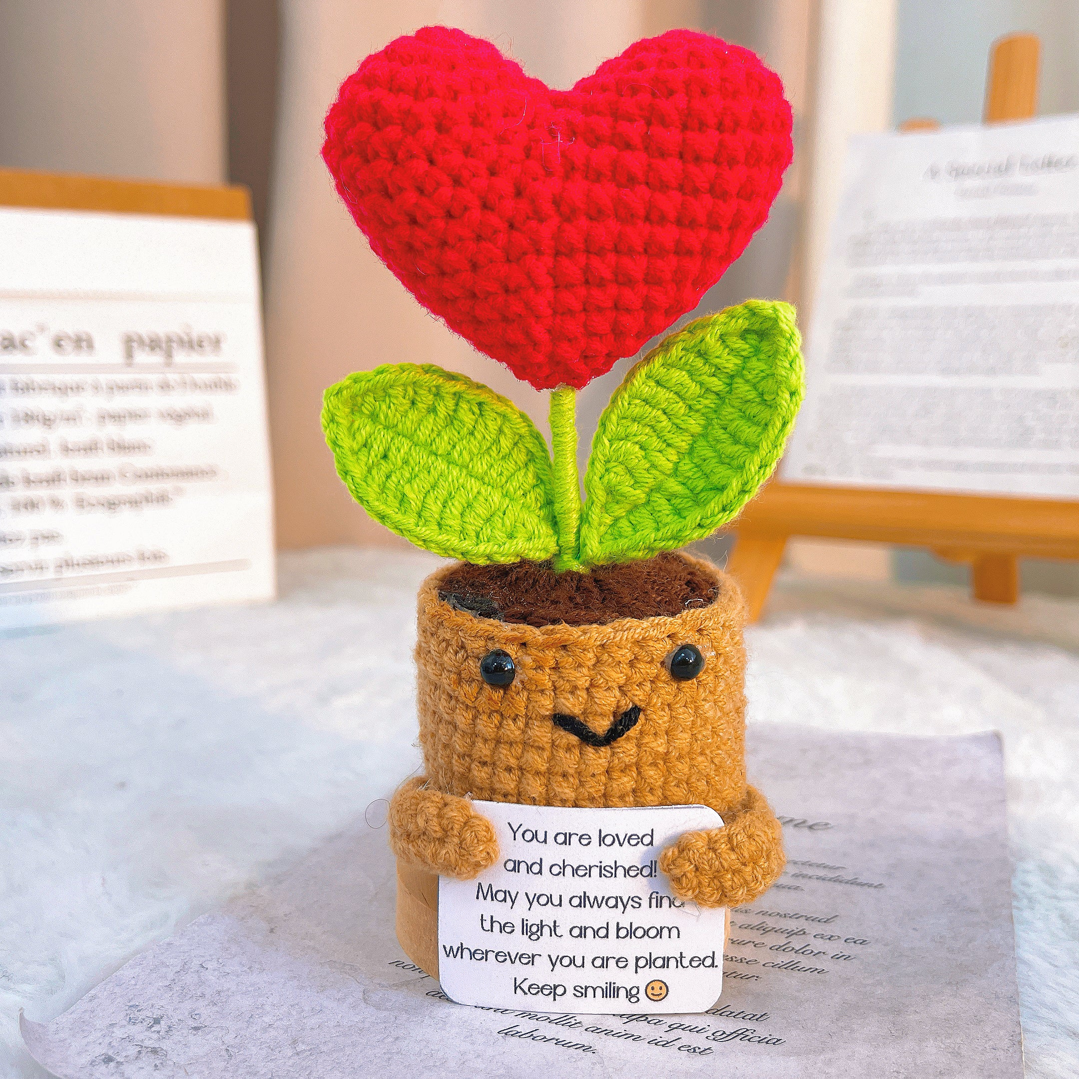 Hand Crochet Red Heart Succulent Plant in Pot - 