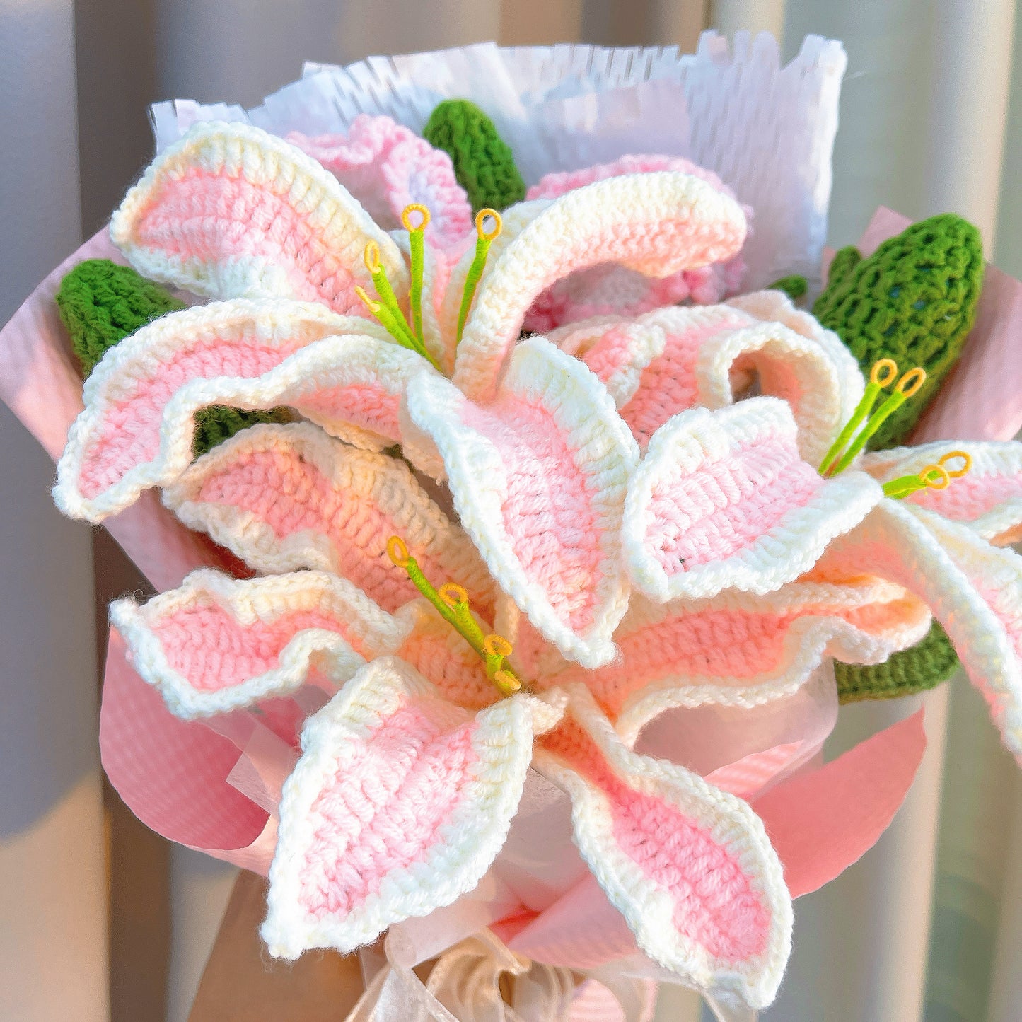 Hand Crochet Lily & Carnation Bouquet - 3 Pink White Stems with Buds, Hypoallergenic Floral Gift for Mother's Day, Anniversary, Wedding, Home Decor (Pink Gingham & White Honeycomb Wrap) - Real Touch Artificial Flowers