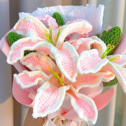 Hand Crochet Lily & Carnation Bouquet - 3 Pink White Stems with Buds, Hypoallergenic Floral Gift for Mother's Day, Anniversary, Wedding, Home Decor (Pink Gingham & White Honeycomb Wrap) - Real Touch Artificial Flowers