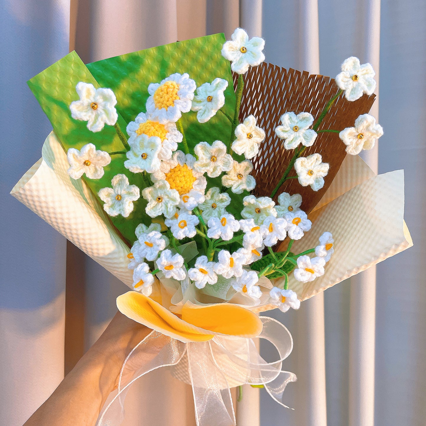 Handmade Forget-Me-Nots Crochet Flower Bouquet - White Daisies Starry Sky Arrangement - Everlasting Flowers for Wedding, Bridal, Anniversary, Home Decor, Gift for Her