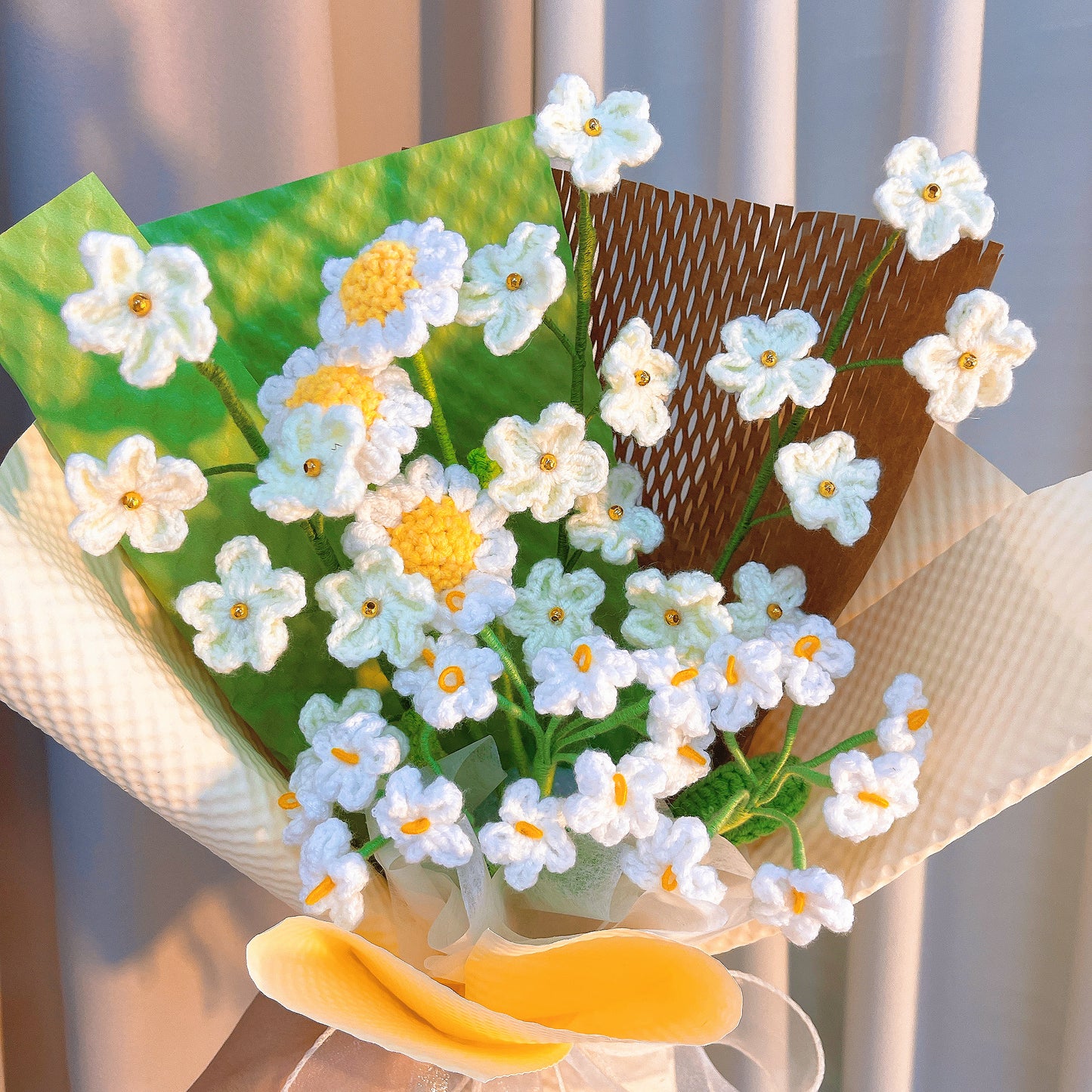 Handmade Forget-Me-Nots Crochet Flower Bouquet - White Daisies Starry Sky Arrangement - Everlasting Flowers for Wedding, Bridal, Anniversary, Home Decor, Gift for Her