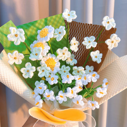 Handmade Forget-Me-Nots Crochet Flower Bouquet - White Daisies Starry Sky Arrangement - Everlasting Flowers for Wedding, Bridal, Anniversary, Home Decor, Gift for Her