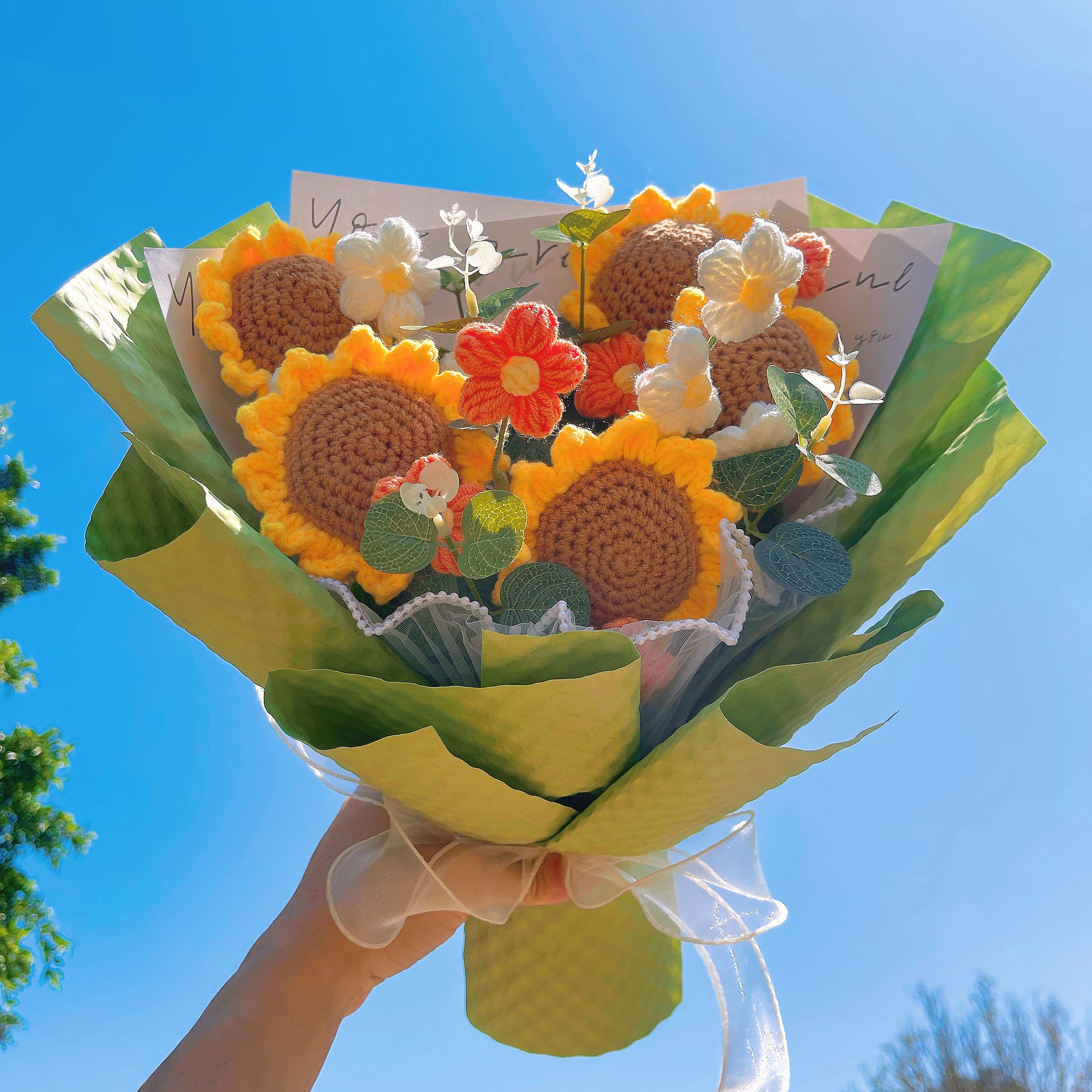 Handmade Crocheted Bouquet of Sunflowers and Puffy Flowers - Thoughtful Gifts Home Centerpiece Decor - The Bloom Crafter
