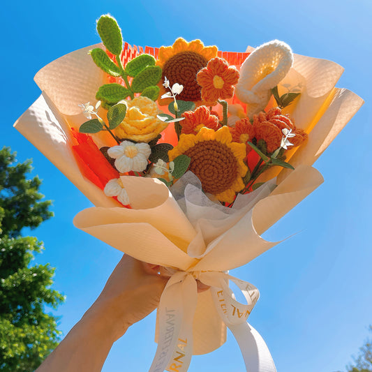 Handmade Crochet Yellow & Orange Toned Flower Bouquet - Sunflowers Roses Puffs Calla Lilies - Perfect for Summer, Sunflower Lovers, & Bright Occasions - The Bloom Crafter