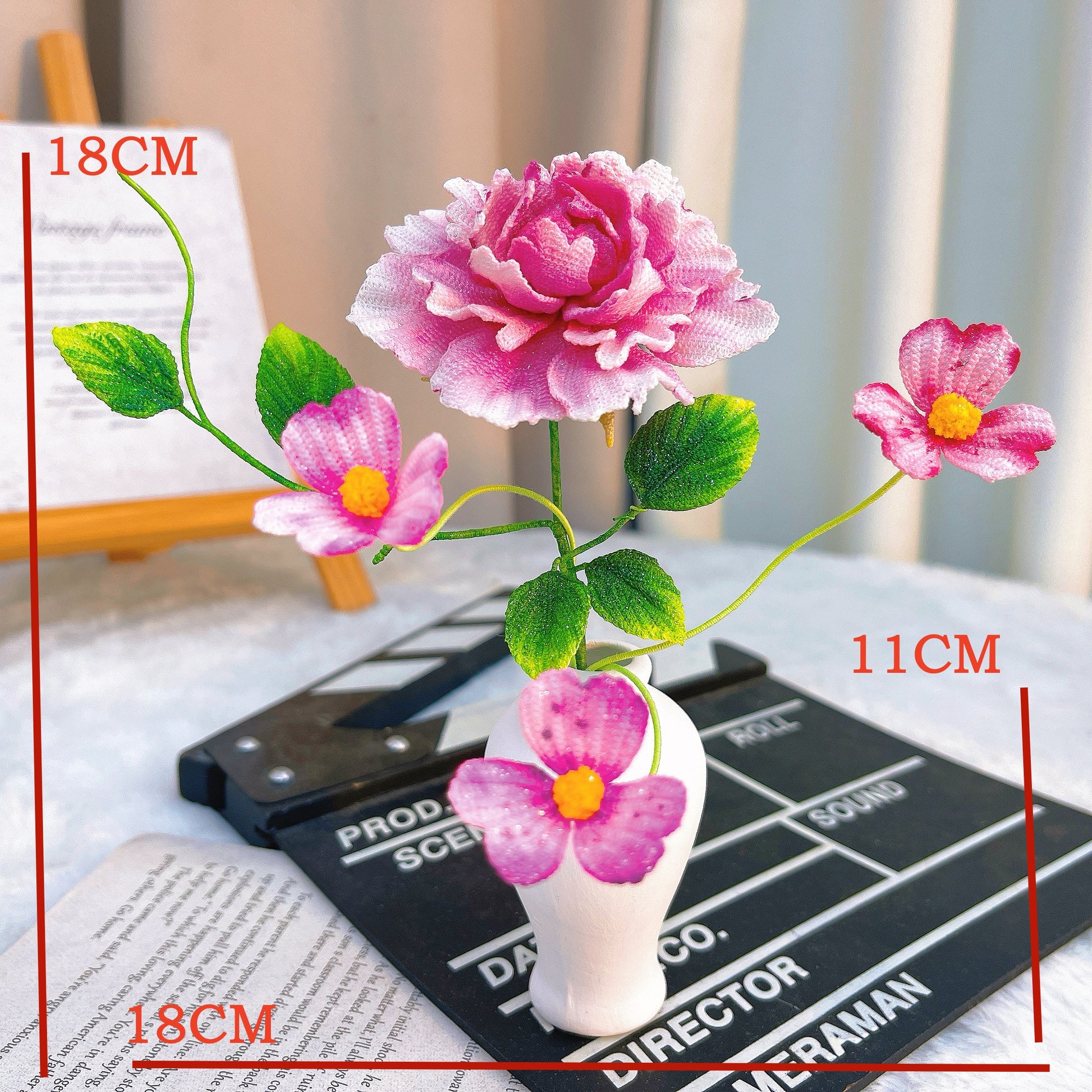 Handmade Micro Crochet Rose Bouquet with Daisies in Vase, Miniature Realistic Fake Flowers, One-of-a-Kind Textile Art, Artificial Yarn Plants for Home Office Table Decor - The Bloom Crafter