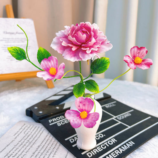 Handmade Micro Crochet Rose Bouquet with Daisies in Vase, Miniature Realistic Fake Flowers, One-of-a-Kind Textile Art, Artificial Yarn Plants for Home Office Table Decor - The Bloom Crafter