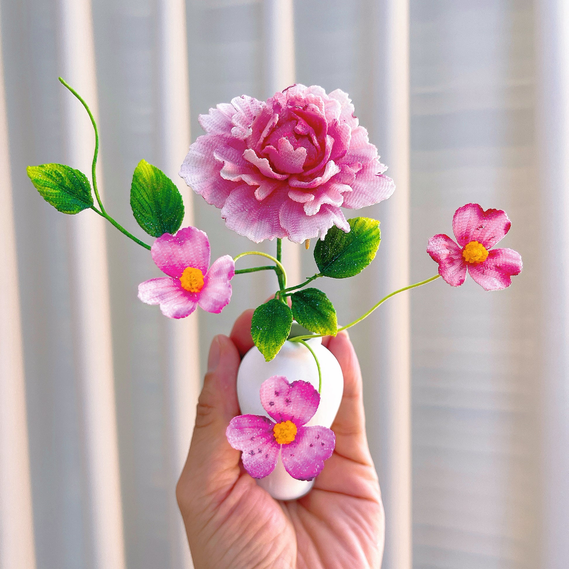 Handmade Micro Crochet Rose Bouquet with Daisies in Vase, Miniature Realistic Fake Flowers, One-of-a-Kind Textile Art, Artificial Yarn Plants for Home Office Table Decor - The Bloom Crafter
