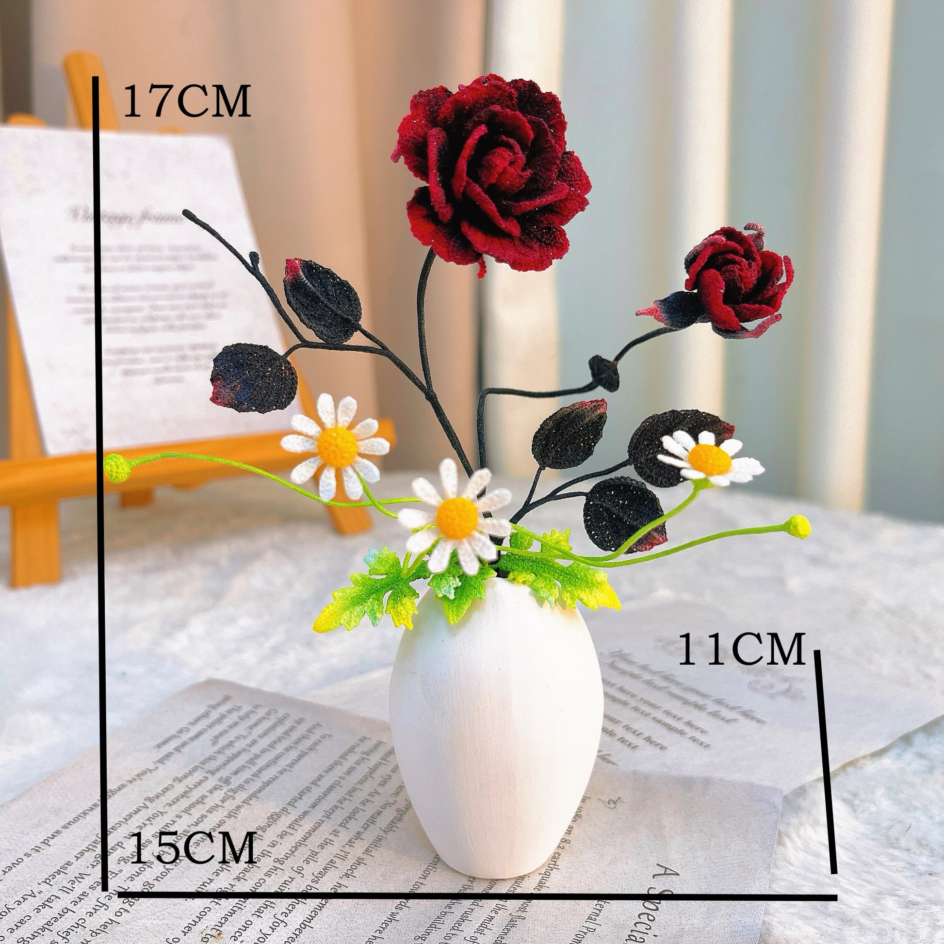 Handmade Micro Crochet Wine Red Black Rose Bouquet with White Daisies in Vase, Miniature Realistic Fake Flowers, One-of-a-Kind Textile Art, Artificial Yarn Plants for Home Office Table Decor - The Bloom Crafter